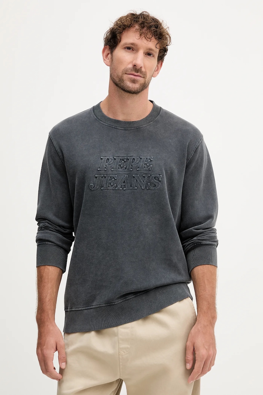 Pepe Jeans hanorac de bumbac DARIUS CREW barbati, culoarea gri, cu imprimeu, PM582760