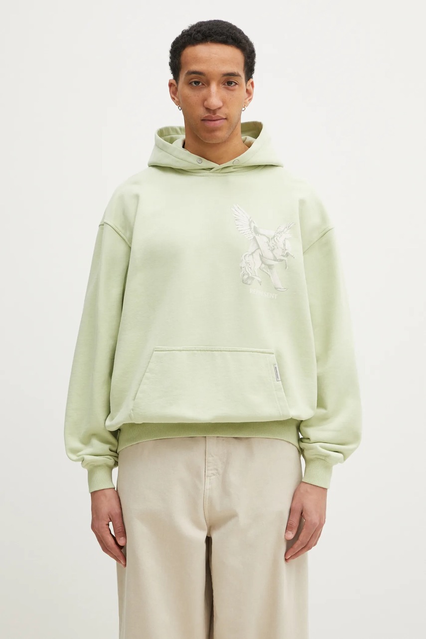 Bavlněná mikina Represent Elegance In Motion Hoodie pánská, zelená barva, s kapucí, vzorovaná, MLM41065.37