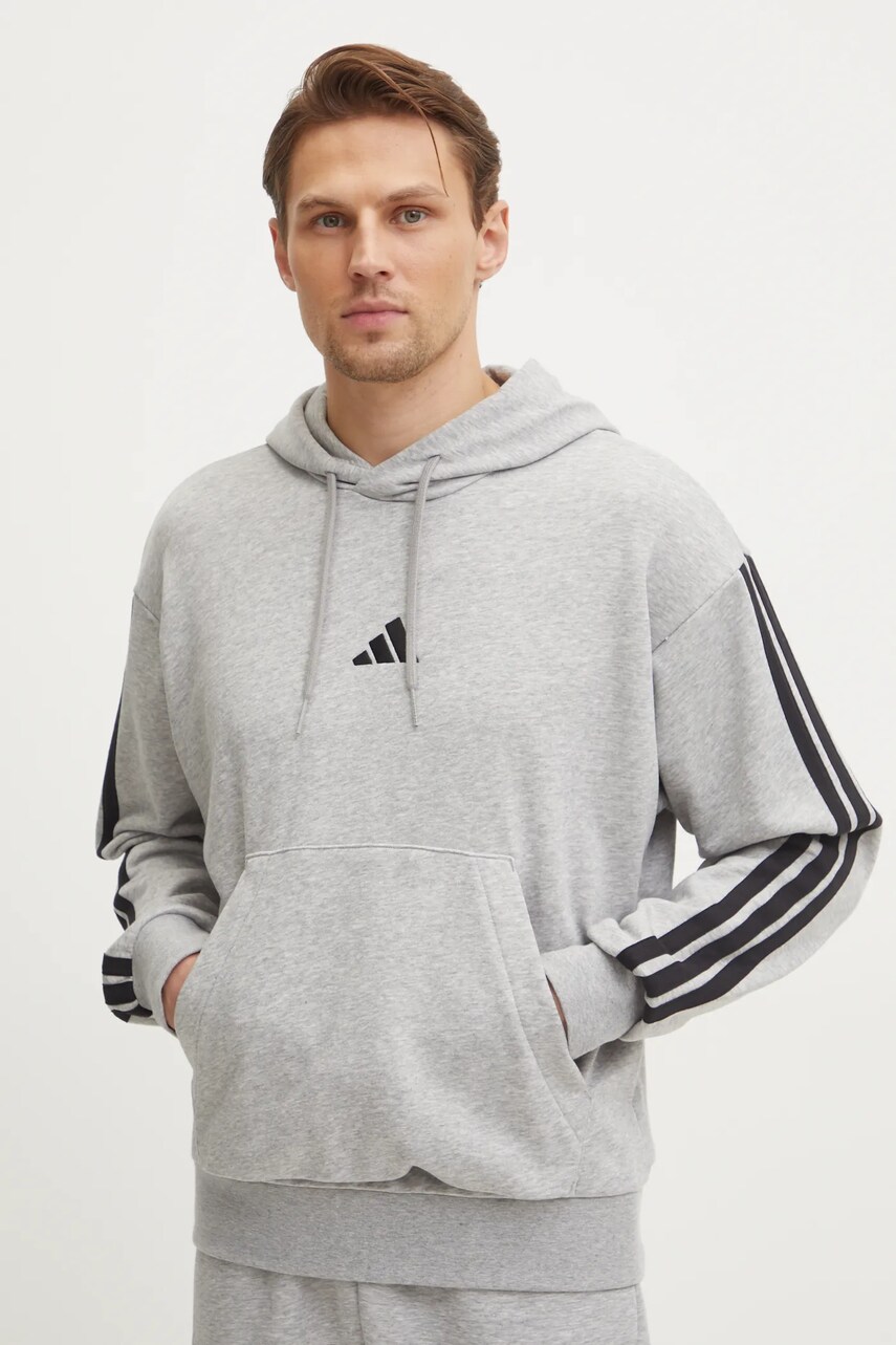 adidas bluza Essentials barbati, culoarea gri, cu glugă, cu imprimeu, JD1871