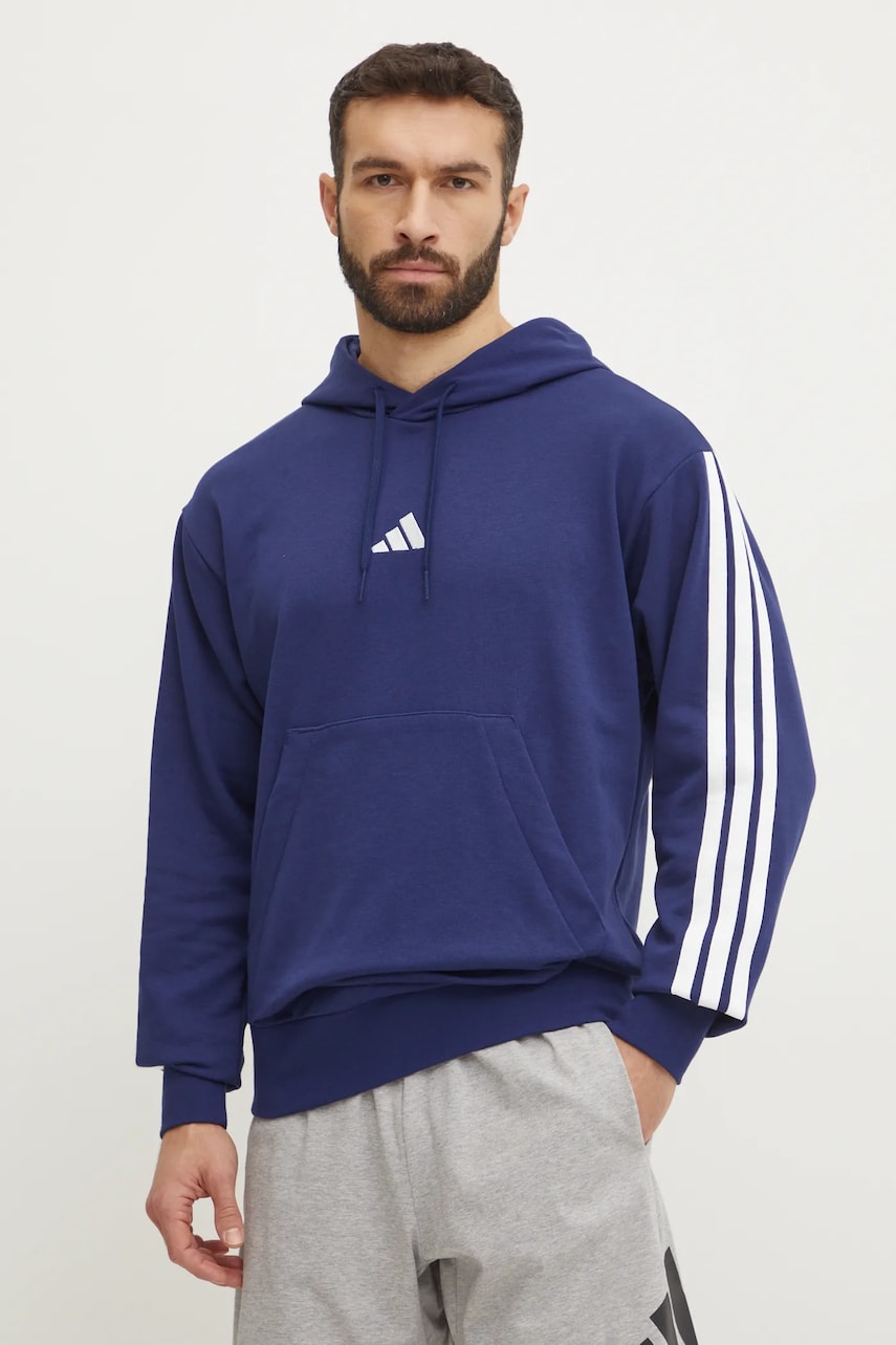 adidas bluza Essentials barbati, culoarea albastru marin, cu glugă, cu imprimeu, JD1872 adidas bluza Essentials barbati, culoarea albastru marin, cu glugă, cu imprimeu, JD1872
