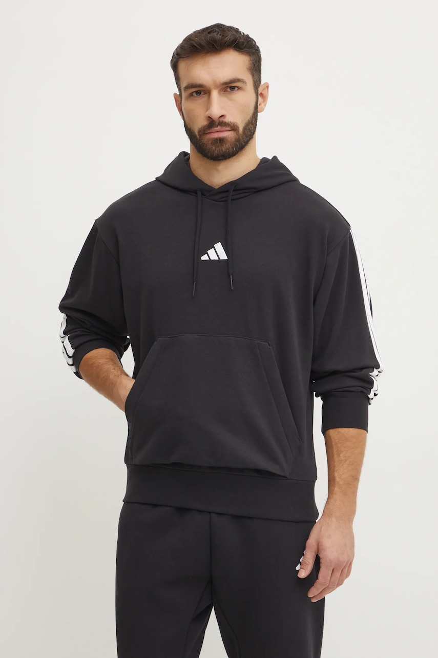 adidas bluza Essentials barbati, culoarea negru, cu glugă, cu imprimeu, JD1874