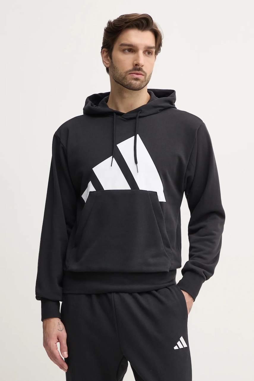 adidas bluza Essentials barbati, culoarea negru, cu glugă, cu imprimeu, IN6164 adidas bluza Essentials barbati, culoarea negru, cu glugă, cu imprimeu, IN6164