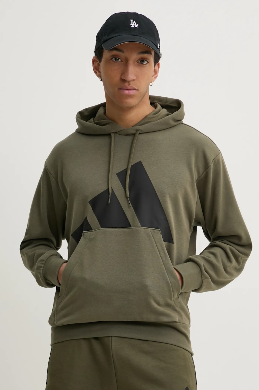 adidas bluza Essentials barbati, culoarea verde, cu glugă, cu imprimeu, JE8892