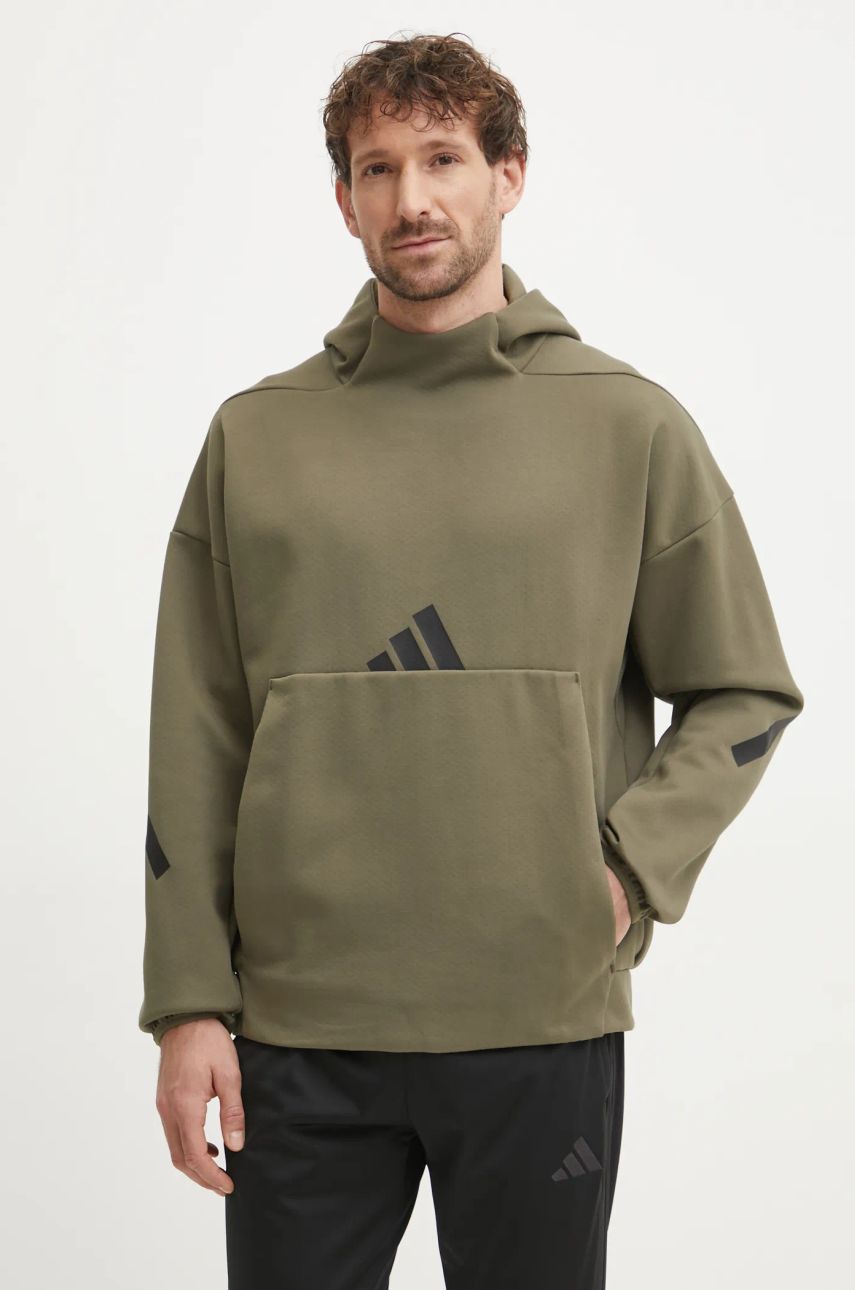 adidas bluză Z.N.E. bărbați, culoarea verde, cu glugă, cu imprimeu, JD5321