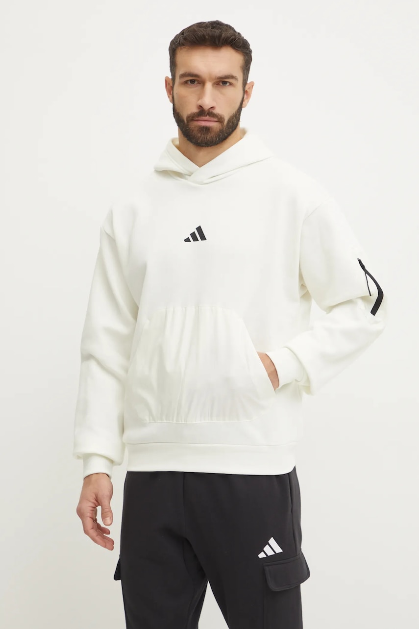 adidas bluza City Escape barbati, culoarea bej, cu glugă, cu imprimeu, JF3276 adidas bluza City Escape barbati, culoarea bej, cu glugă, cu imprimeu, JF3276