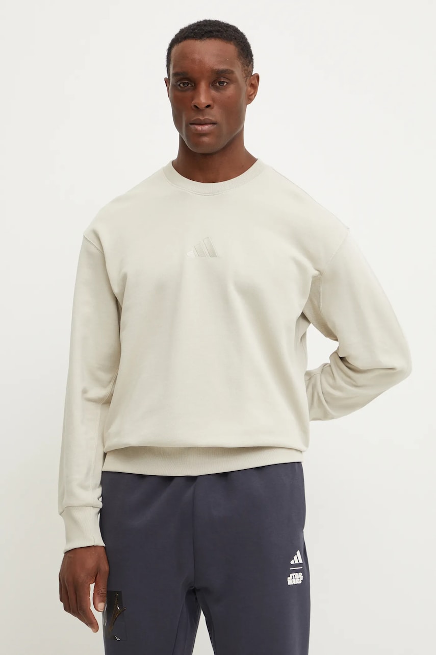 adidas hanorac de bumbac ALL SZN barbati, culoarea bej, neted, JI6386 adidas hanorac de bumbac ALL SZN barbati, culoarea bej, neted, JI6386