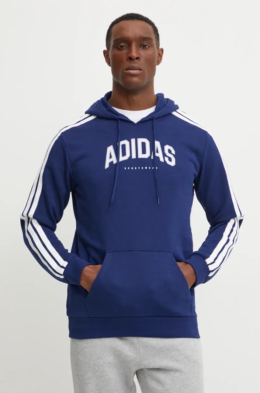 adidas bluza Collegiate barbati, culoarea albastru marin, cu glugă, cu imprimeu, JV6502