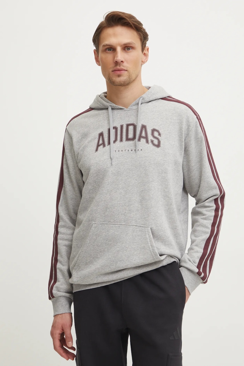 adidas bluza Collegiate barbati, culoarea gri, cu glugă, cu imprimeu, JV6505