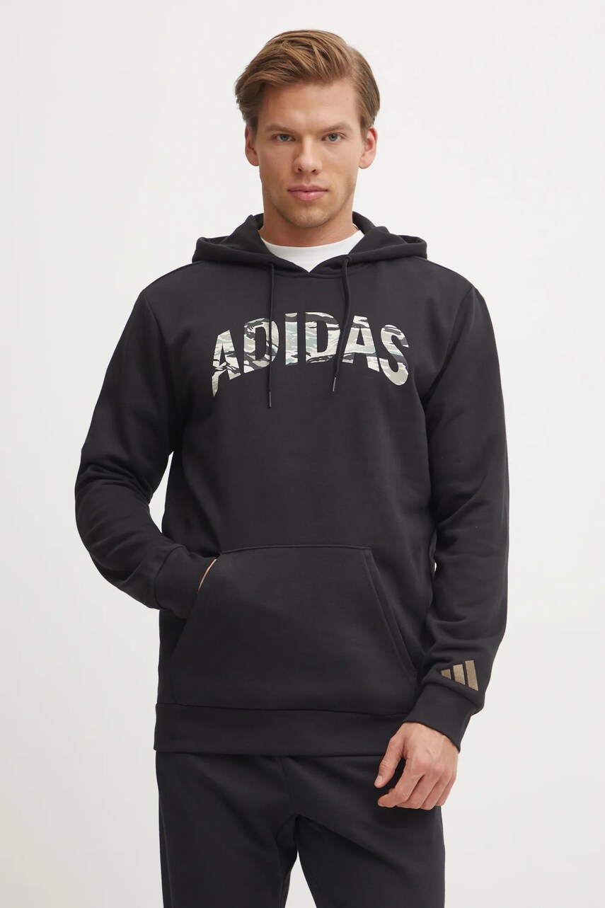 adidas bluza Camo barbati, culoarea negru, cu glugă, cu imprimeu, JI6767
