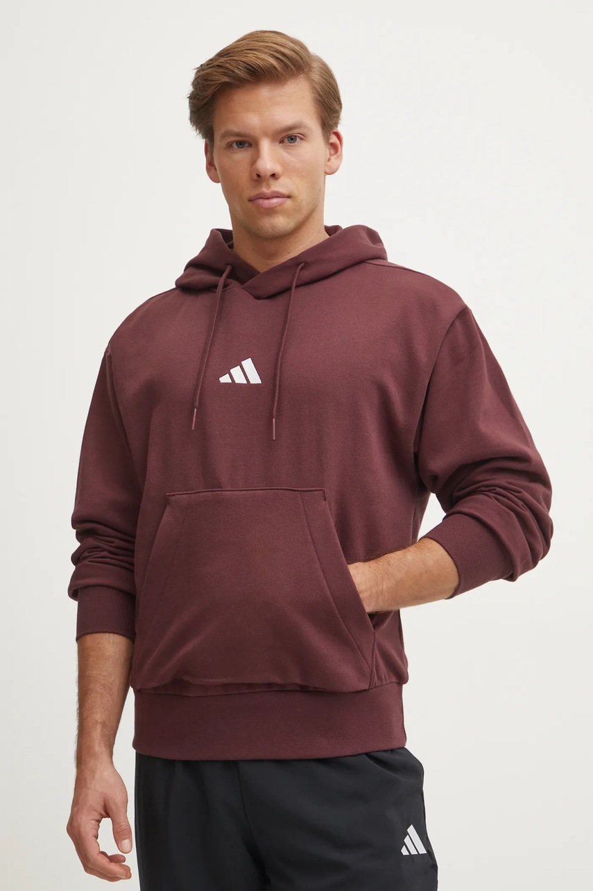 adidas bluza Feelcozy barbati, culoarea rosu, cu glugă, neted, IN6070