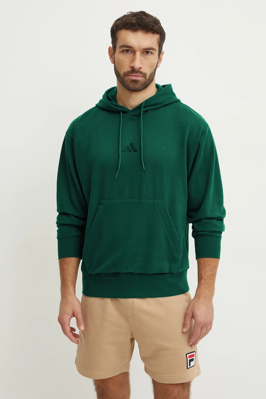 adidas bluza Feelcozy barbati, culoarea verde, cu glugă, neted, JE3802 adidas bluza Feelcozy barbati, culoarea verde, cu glugă, neted, JE3802