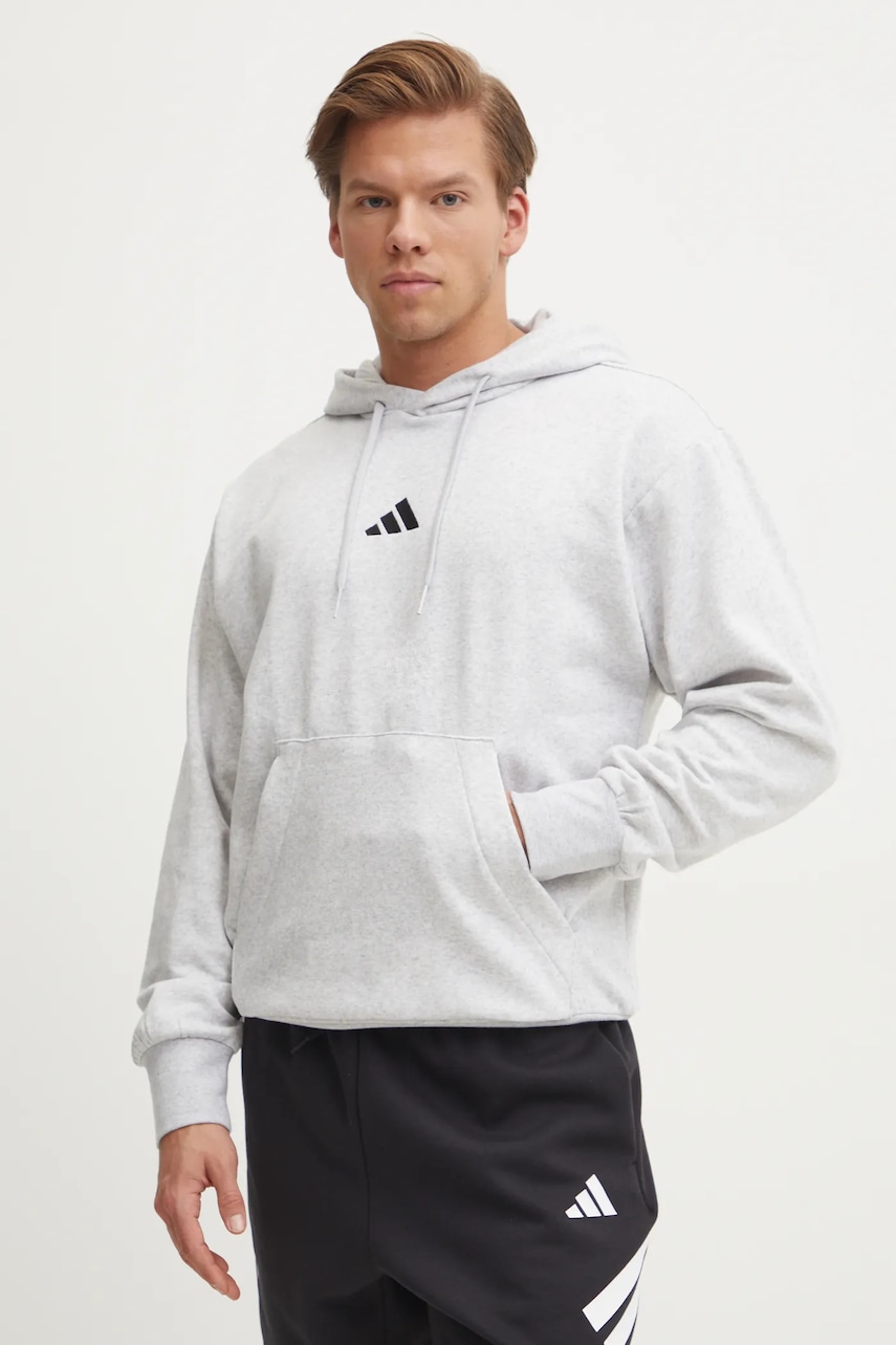 adidas bluza Feelcozy barbati, culoarea gri, cu glugă, melanj, JE3803 adidas bluza Feelcozy barbati, culoarea gri, cu glugă, melanj, JE3803