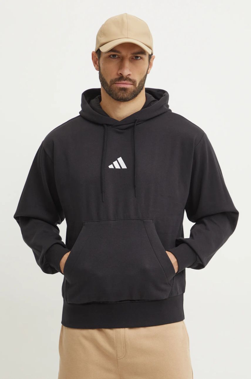 adidas bluza Feelcozy barbati, culoarea negru, cu glugă, cu imprimeu, JE3807