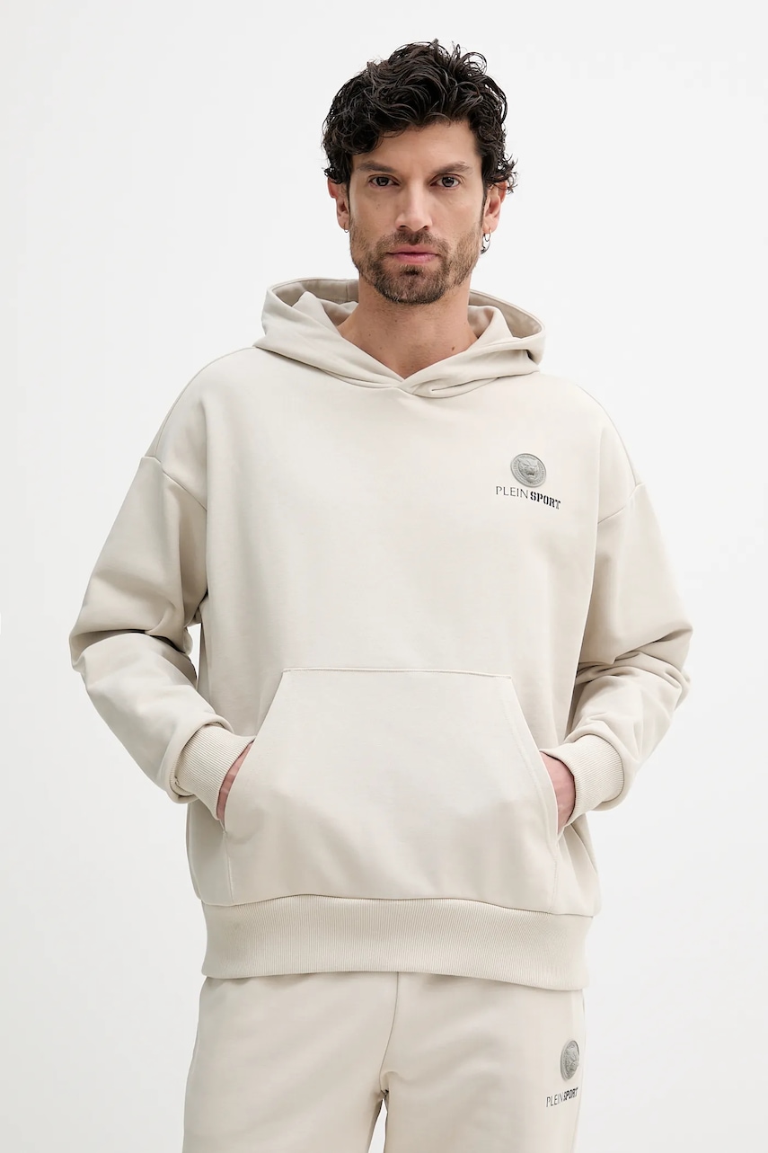 PLEIN SPORT bluză culoarea bej, cu glugă, cu imprimeu, SAEC MJB3578 STE001N