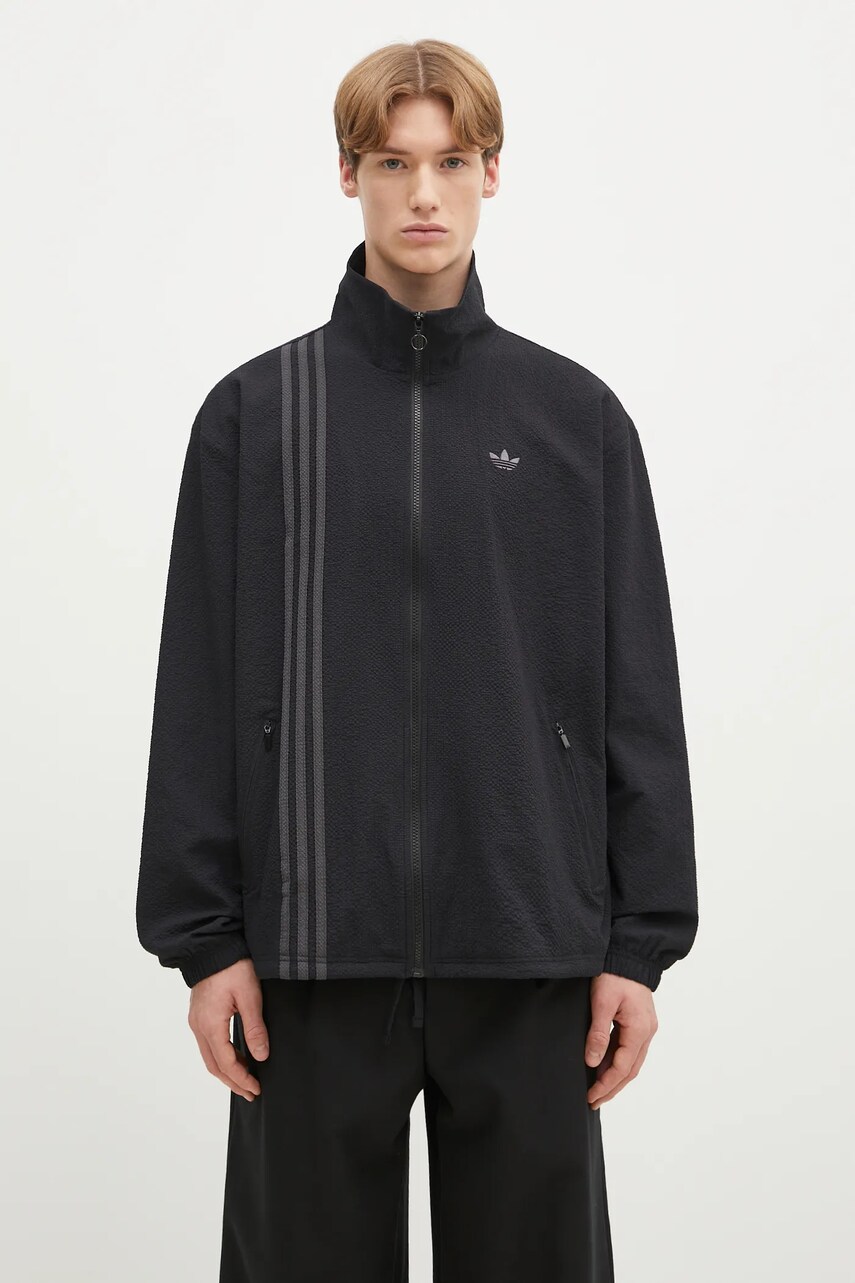 adidas Originals bluză Fashion Seersucker Firebird Track Top bărbați, culoarea negru, cu glugă, uni, JC7416