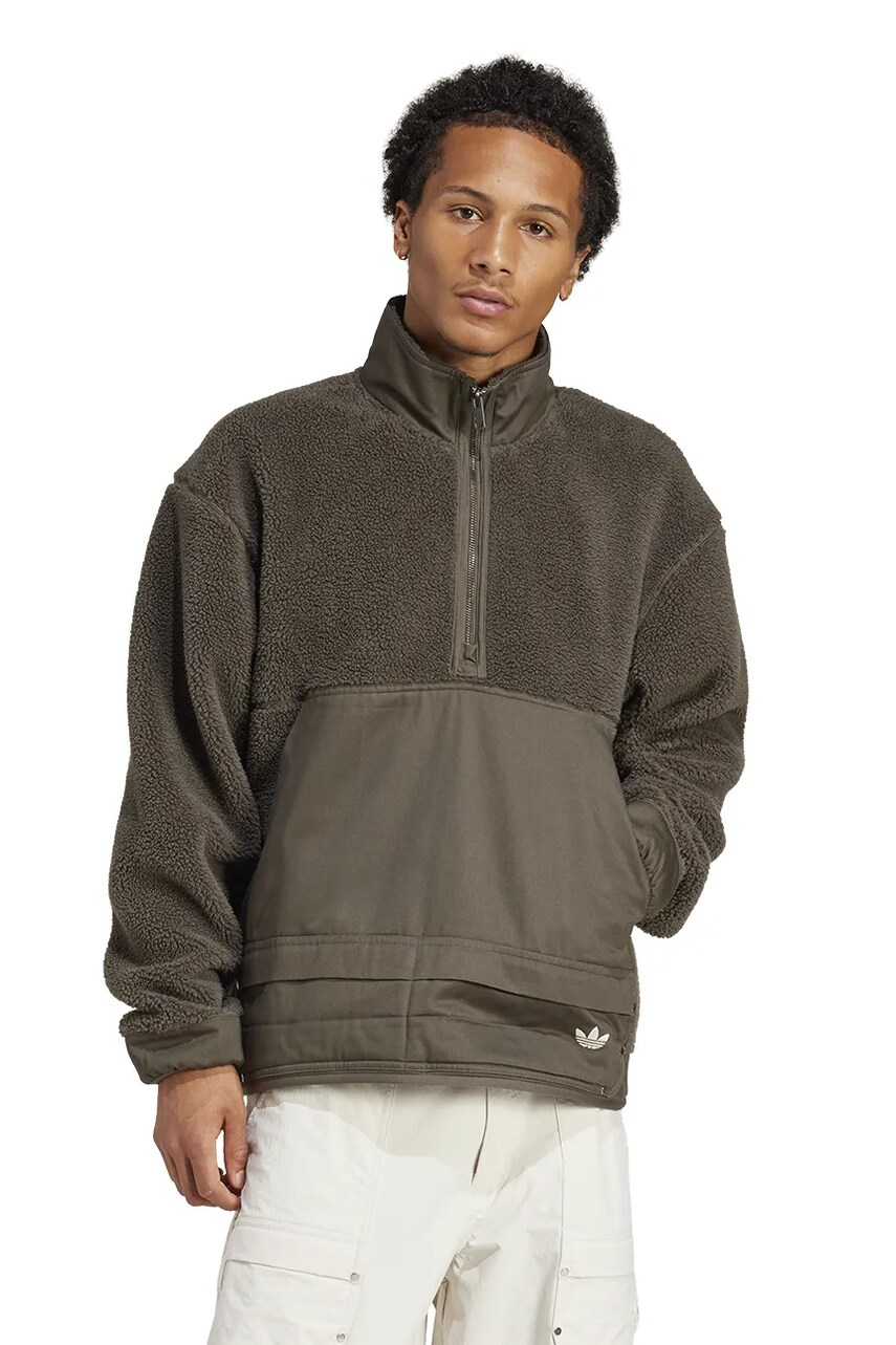 adidas Originals hanorac fleece Premium Essentials Full Zip bărbați, culoarea verde, uni, JD3344