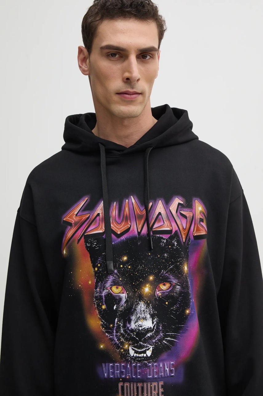 Βαμβακερή μπλούζα Versace Jeans Couture χρώμα: μαύρο, με κουκούλα, 78GAIC04 CF00C φωτογραφία