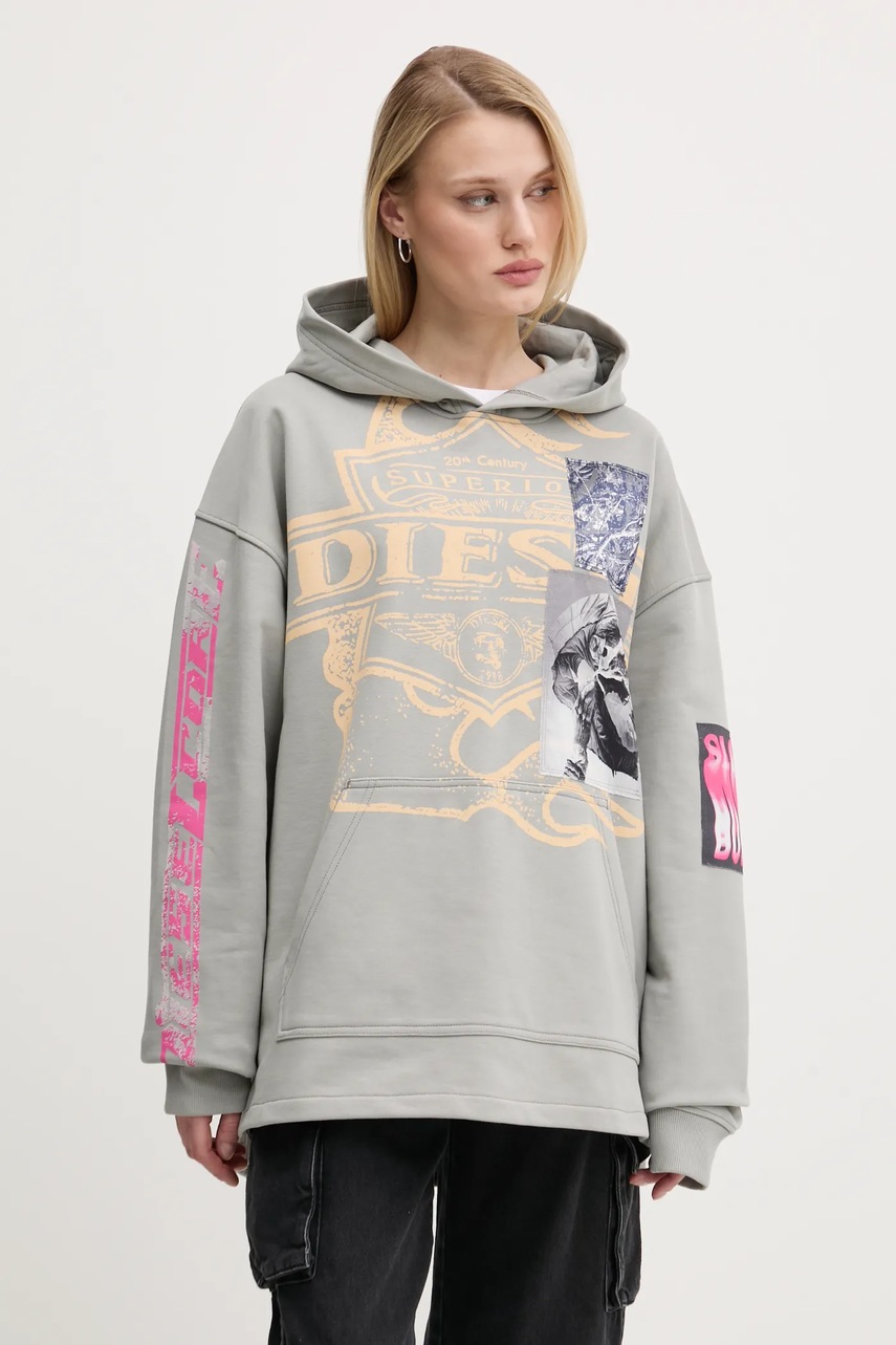Diesel hanorac de bumbac S-BAXT-HOOD-R1 SWEAT-SHIRT barbati, culoarea gri, cu gluga, cu imprimeu, A16171.0BMBJ