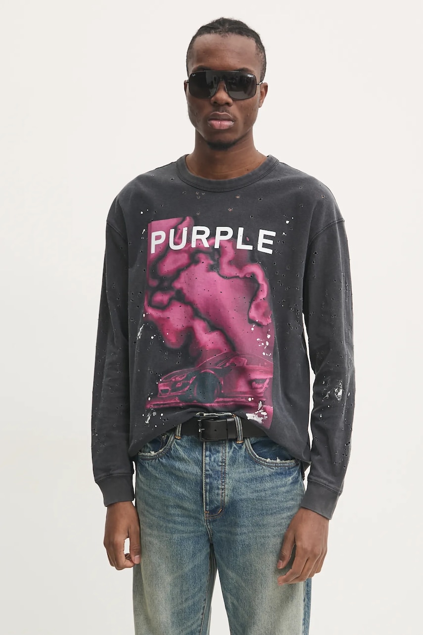 PURPLE BRAND longsleeve din bumbac TEXTURED JERSEY LS TEE culoarea gri, cu imprimeu, P204-JBFP125 PURPLE BRAND longsleeve din bumbac TEXTURED JERSEY LS TEE culoarea gri, cu imprimeu, P204-JBFP125