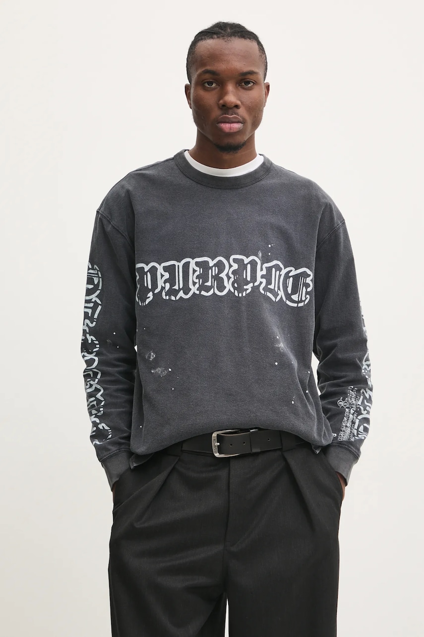PURPLE BRAND longsleeve din bumbac TEXTURED JERSEY LS TEE culoarea gri, cu imprimeu, P204-JWGW125 PURPLE BRAND longsleeve din bumbac TEXTURED JERSEY LS TEE culoarea gri, cu imprimeu, P204-JWGW125