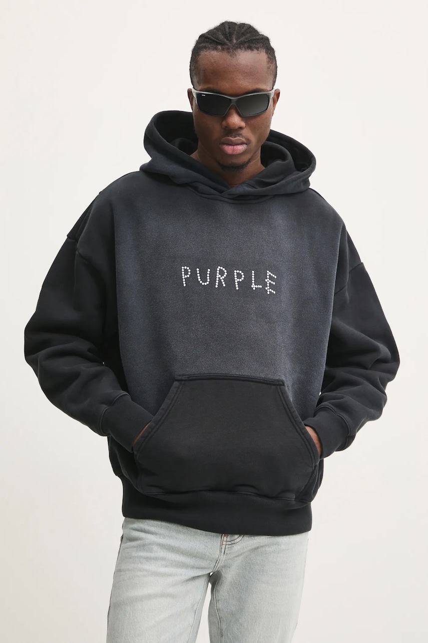 PURPLE BRAND hanorac de bumbac HWT FLEECE PO HOODY bărbați, culoarea gri, cu glugă, cu imprimeu, P401-HBSS125 PURPLE BRAND hanorac de bumbac HWT FLEECE PO HOODY bărbați, culoarea gri, cu glugă, cu imprimeu, P401-HBSS125