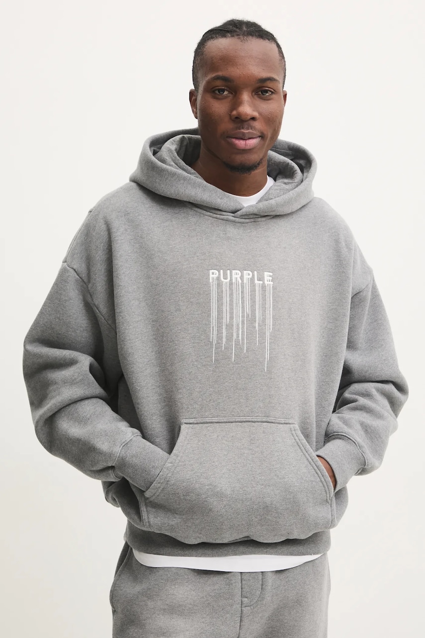 PURPLE BRAND hanorac de bumbac HWT FLEECE PO HOODY bărbați, culoarea gri, cu glugă, cu imprimeu, P401-HMHT125 PURPLE BRAND hanorac de bumbac HWT FLEECE PO HOODY bărbați, culoarea gri, cu glugă, cu imprimeu, P401-HMHT125
