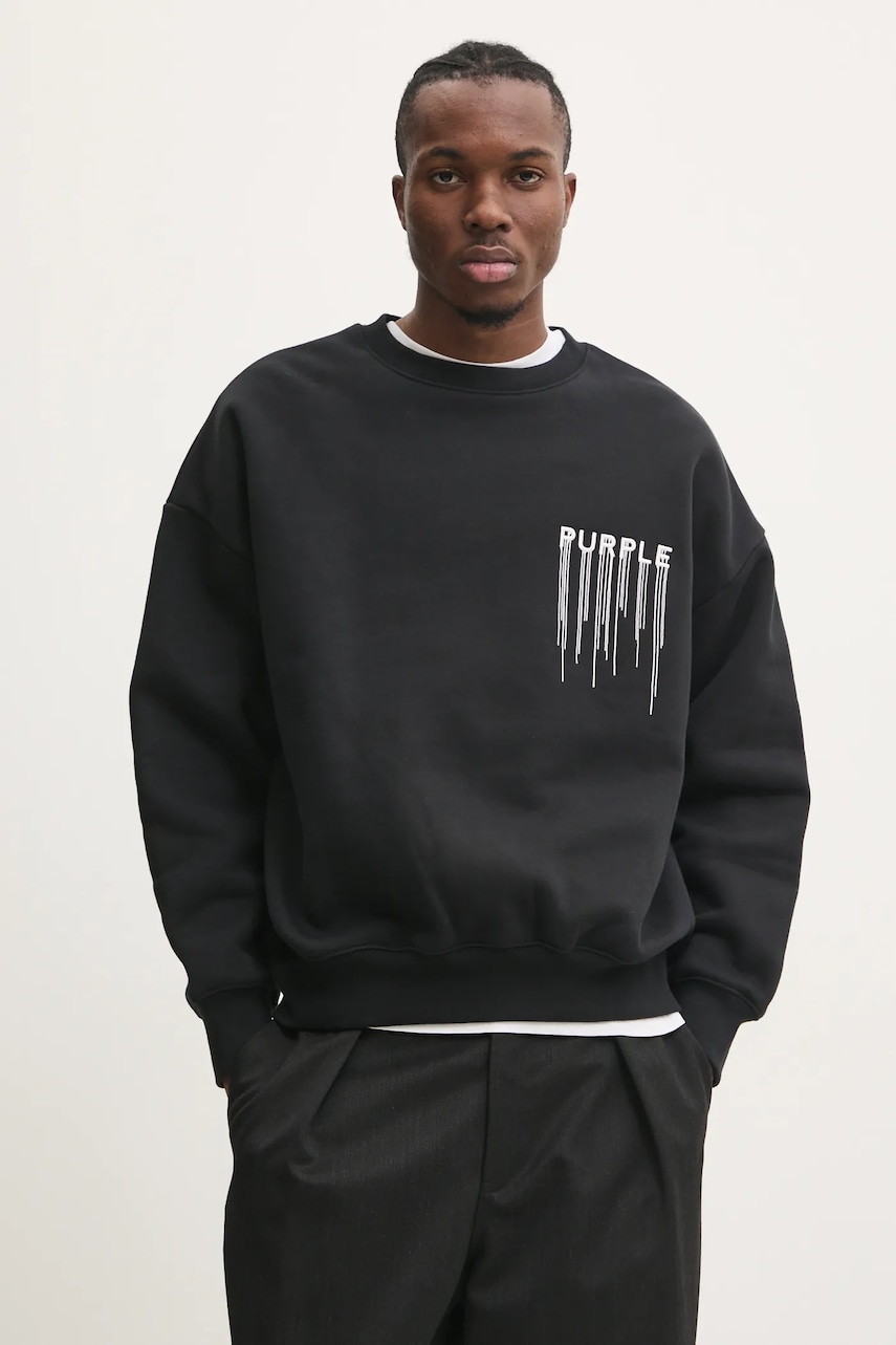 PURPLE BRAND hanorac de bumbac HWT FLEECE CREWNECK bărbați, culoarea negru, cu imprimeu, P402-HBWD125