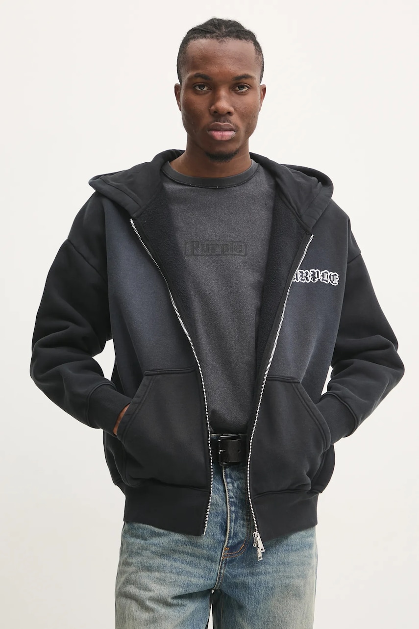 PURPLE BRAND hanorac de bumbac HWT FLEECE ZIP FRONT HOODY bărbați, culoarea gri, cu glugă, cu imprimeu, P460-HBGW125 PURPLE BRAND hanorac de bumbac HWT FLEECE ZIP FRONT HOODY bărbați, culoarea gri, cu glugă, cu imprimeu, P460-HBGW125