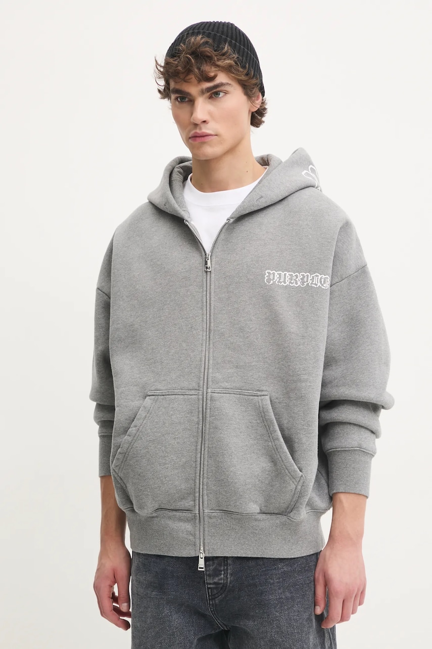 PURPLE BRAND hanorac de bumbac HWT FLEECE ZIP FRONT HOODY barbati, culoarea gri, cu glugă, cu imprimeu, P460-HHGG125 PURPLE BRAND hanorac de bumbac HWT FLEECE ZIP FRONT HOODY barbati, culoarea gri, cu glugă, cu imprimeu, P460-HHGG125