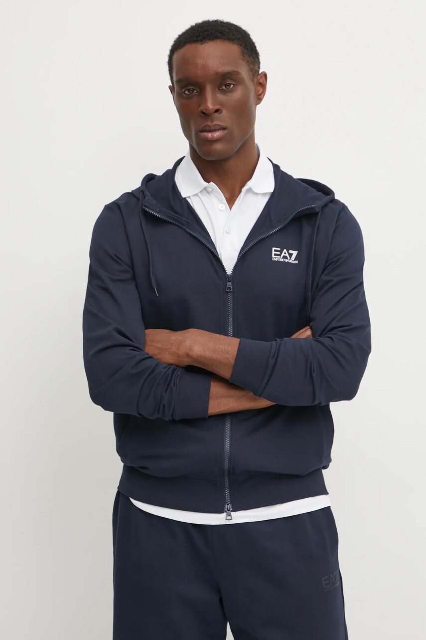 EA7 Emporio Armani hanorac de bumbac barbati, culoarea albastru marin, cu glugă, cu imprimeu, PJVRZ.8NPM33