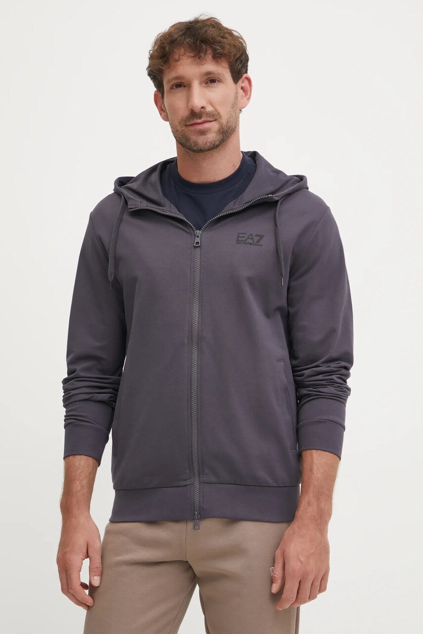 Levně Bavlněná mikina EA7 Emporio Armani pánská, šedá barva, s kapucí, s potiskem, PJVRZ.8NPM33