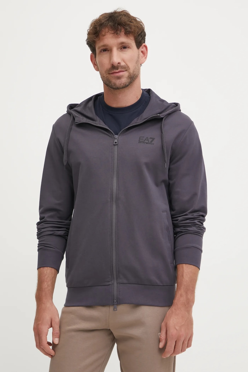 EA7 Emporio Armani hanorac de bumbac barbati, culoarea gri, cu glugă, cu imprimeu, PJVRZ.8NPM33