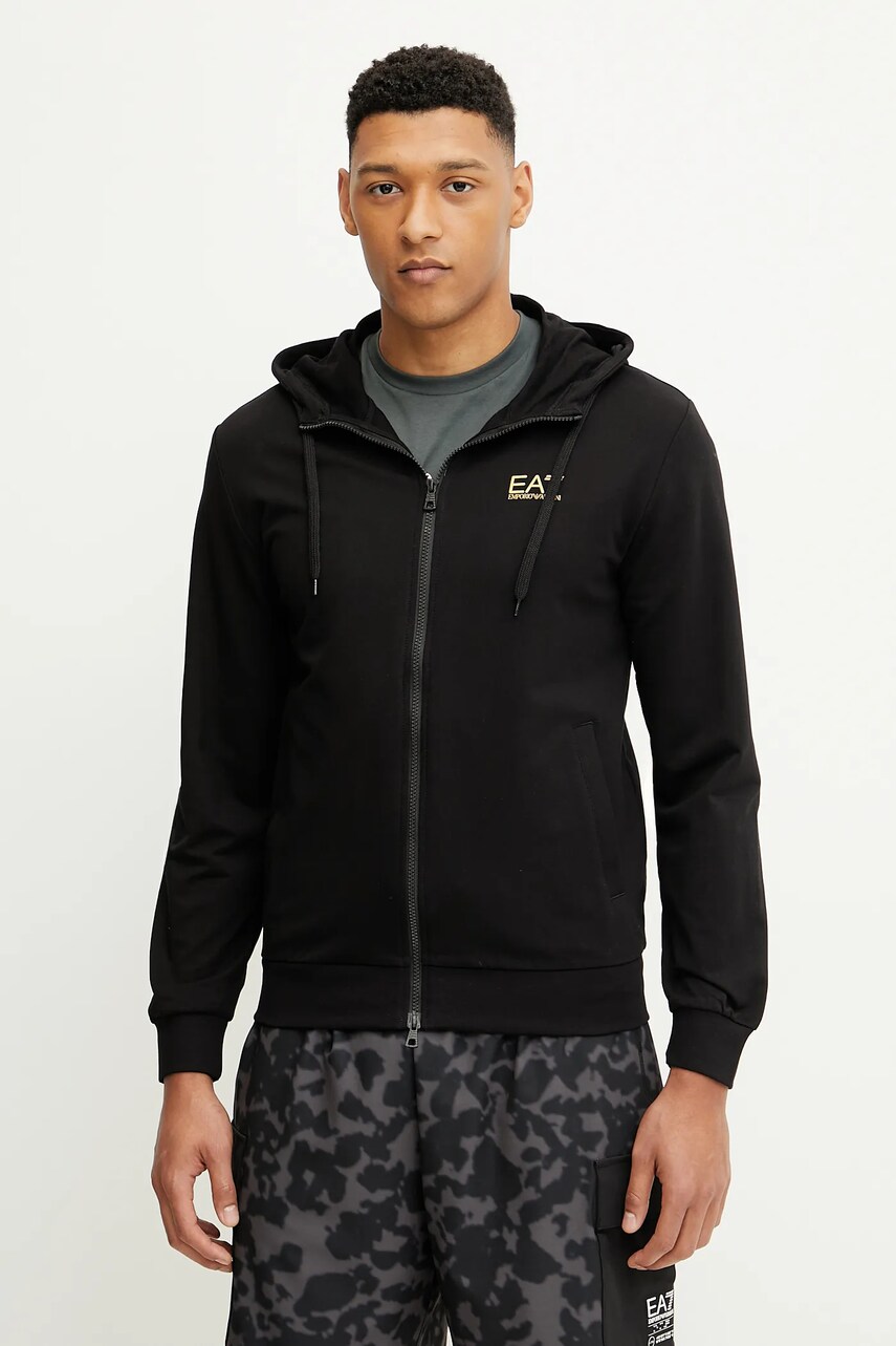 EA7 Emporio Armani hanorac de bumbac barbati, culoarea negru, cu glugă, cu imprimeu, PJVRZ.8NPM33