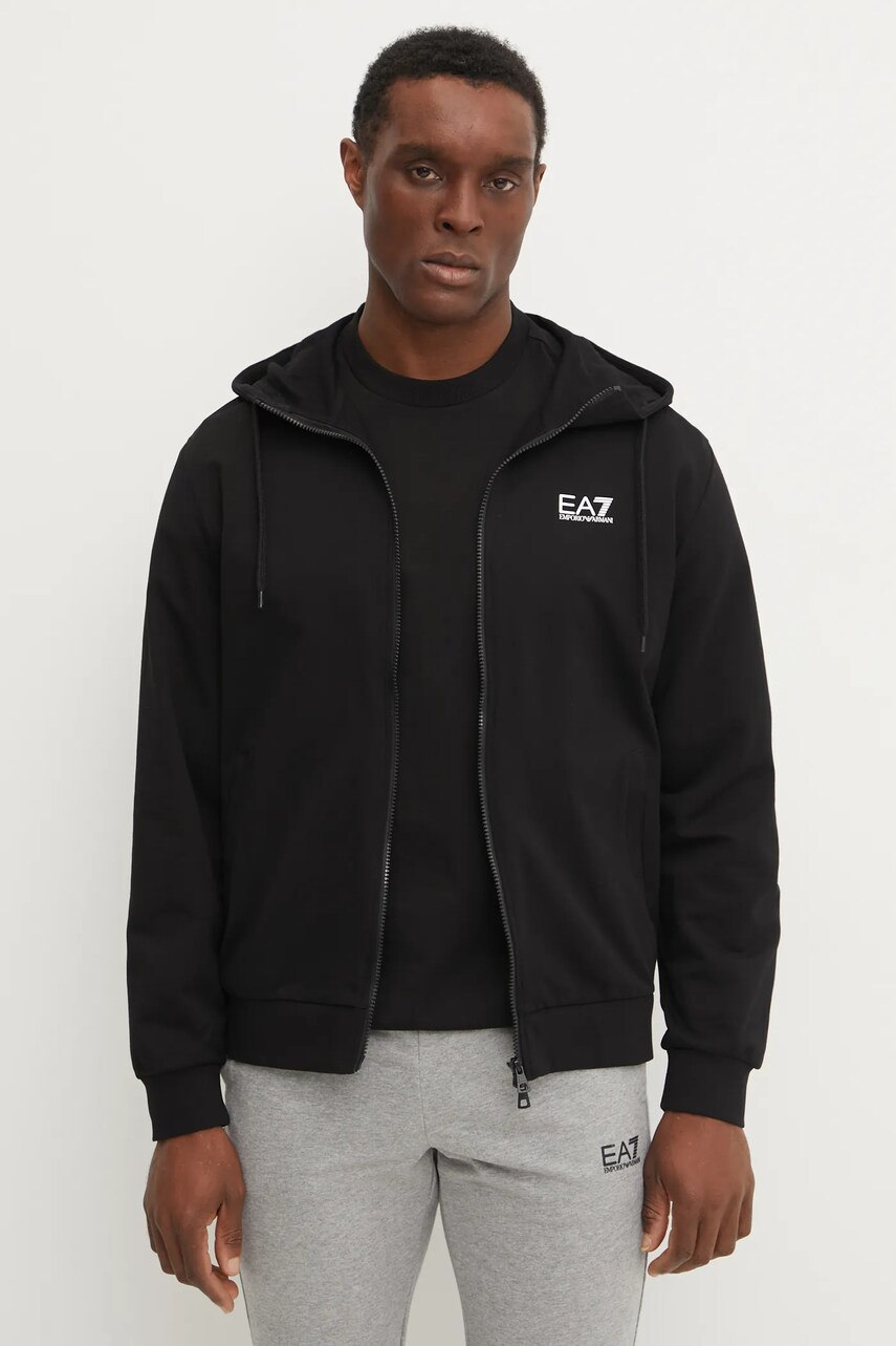 EA7 Emporio Armani hanorac de bumbac barbati, culoarea negru, cu gluga, cu imprimeu, PJVRZ.8NPM33