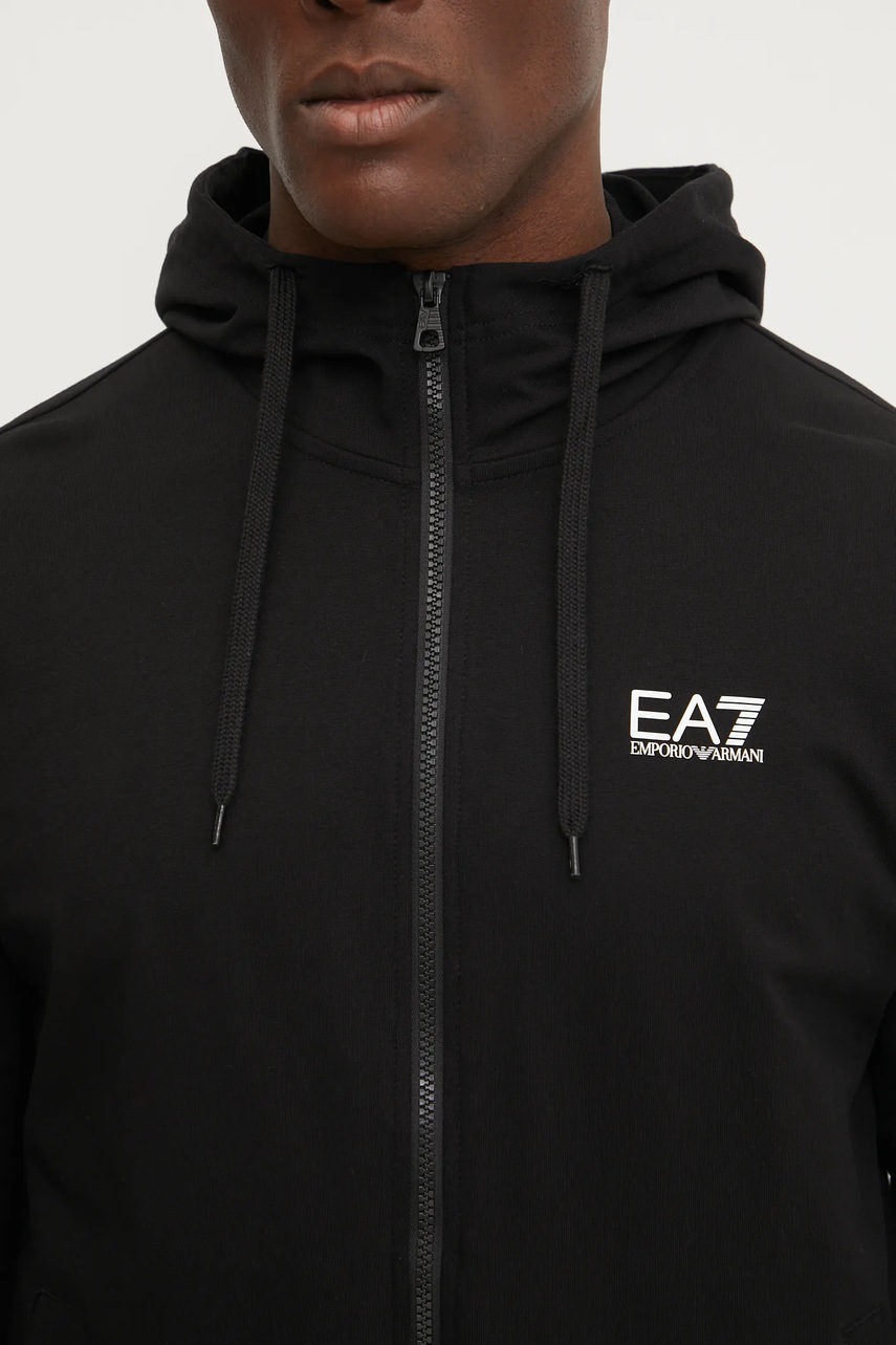 Бавовняна кофта EA7 Emporio Armani чоловіча колір чорний з капюшоном з принтом PJVRZ.8NPM33 