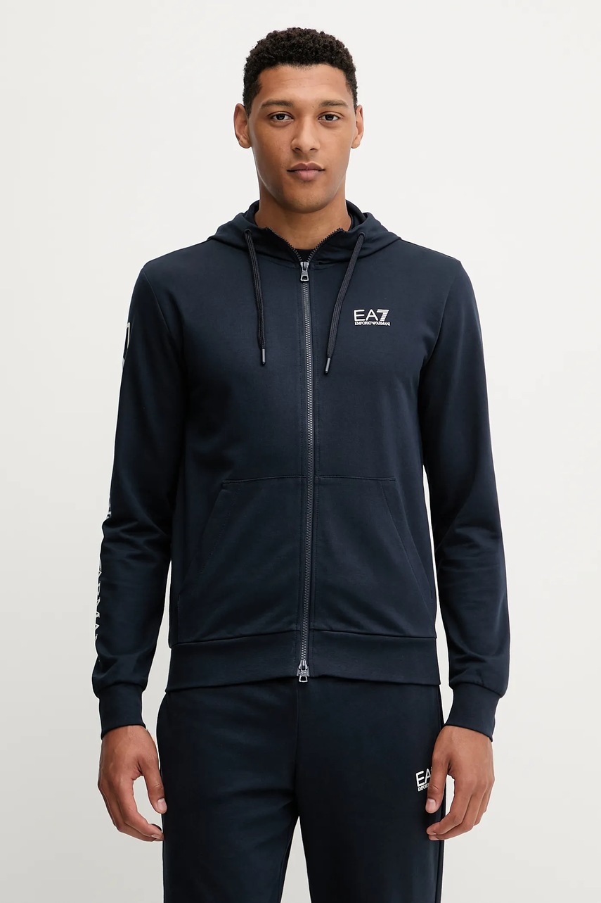 Levně Bavlněná mikina EA7 Emporio Armani pánská, černá barva, s kapucí, s potiskem, AF13512.7M000568