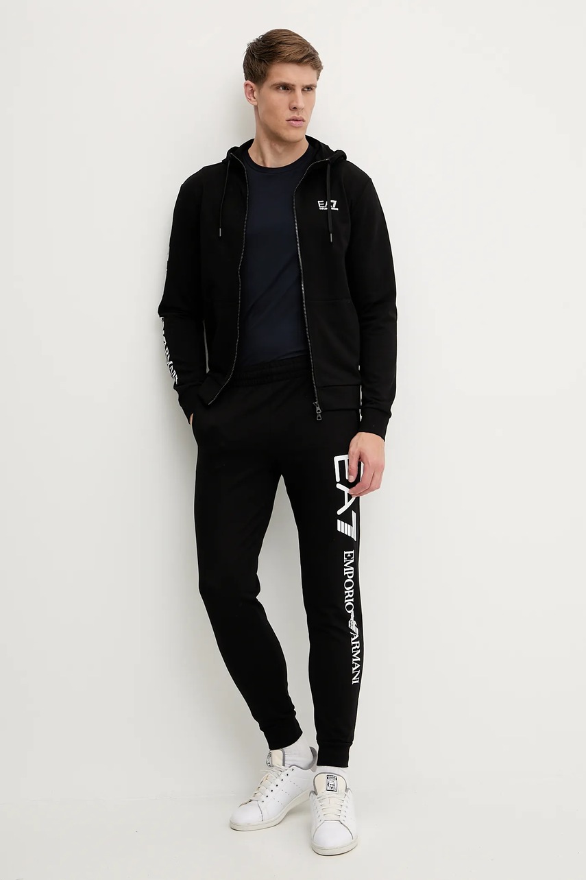 Хлопковая кофта EA7 Emporio Armani цвет чёрный с капюшоном с принтом AF13512.7M000568
