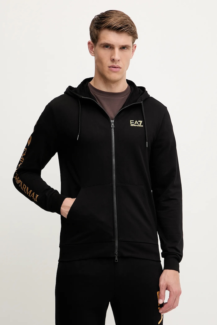 EA7 Emporio Armani hanorac de bumbac culoarea negru, cu gluga, cu imprimeu, AF13512.7M000568