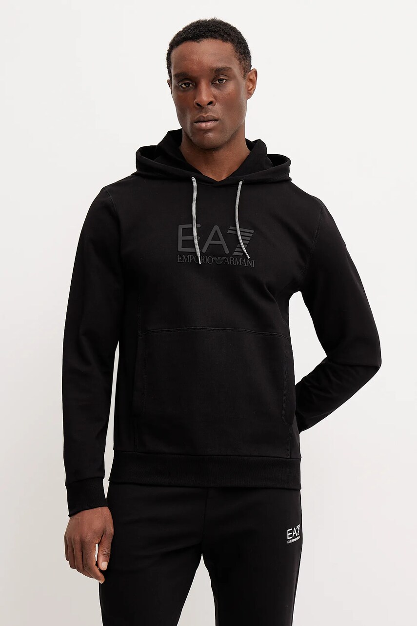 Levně Mikina EA7 Emporio Armani pánská, černá barva, s kapucí, s potiskem, AF13512.7M000230
