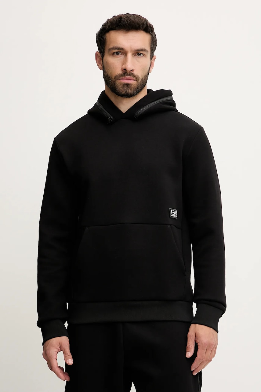 Levně Mikina EA7 Emporio Armani pánská, černá barva, s kapucí, s aplikací, AF13538.7M000141