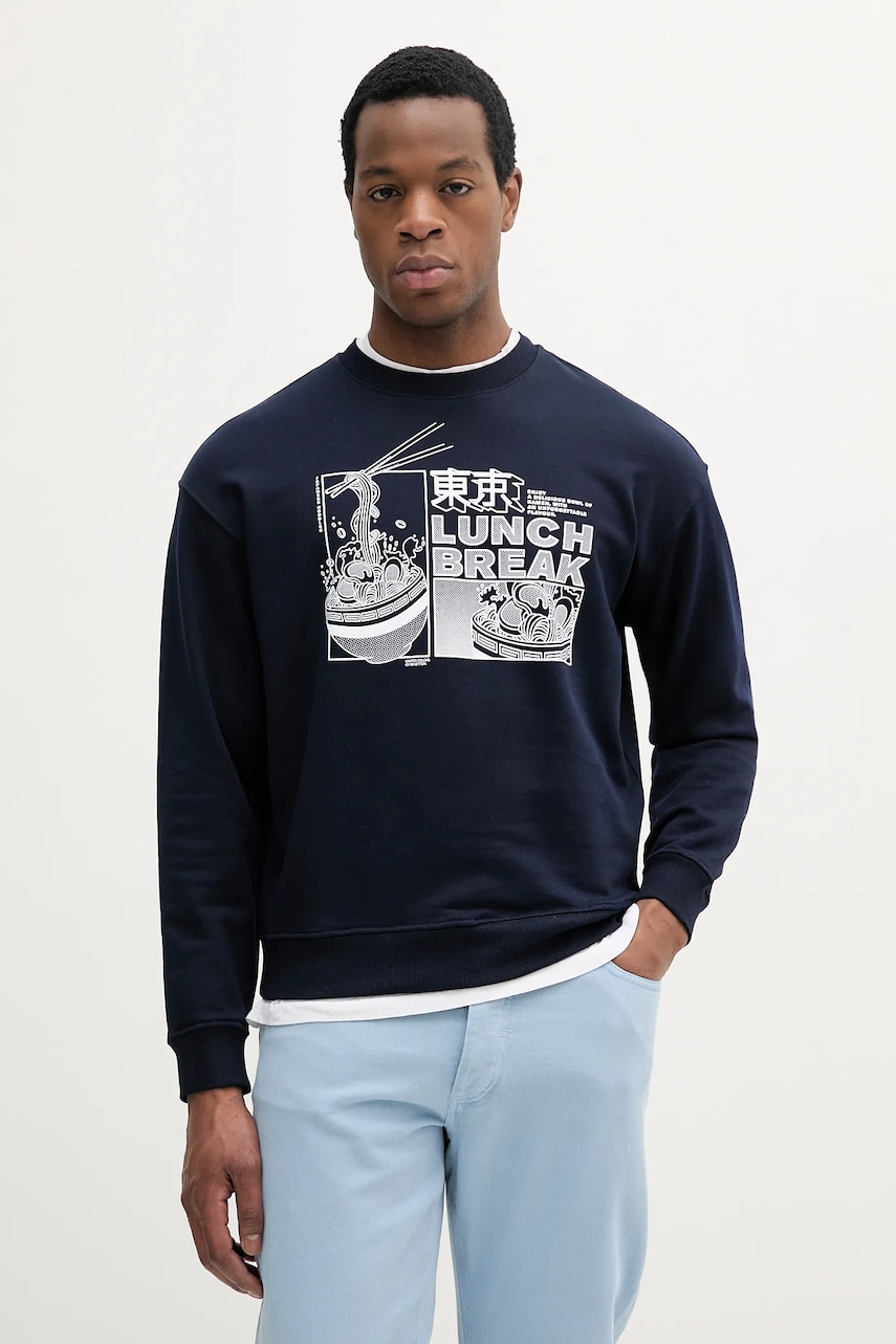United Colors of Benetton hanorac de bumbac barbati, culoarea bleumarin, cu imprimeu, 3FWYU10A3 United Colors of Benetton hanorac de bumbac barbati, culoarea bleumarin, cu imprimeu, 3FWYU10A3