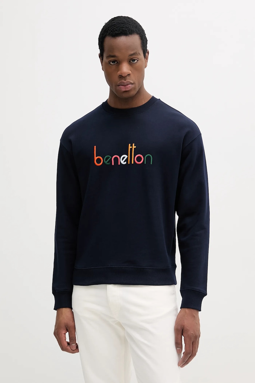 United Colors of Benetton hanorac de bumbac barbati, culoarea bleumarin, cu imprimeu, 3FWYU109S