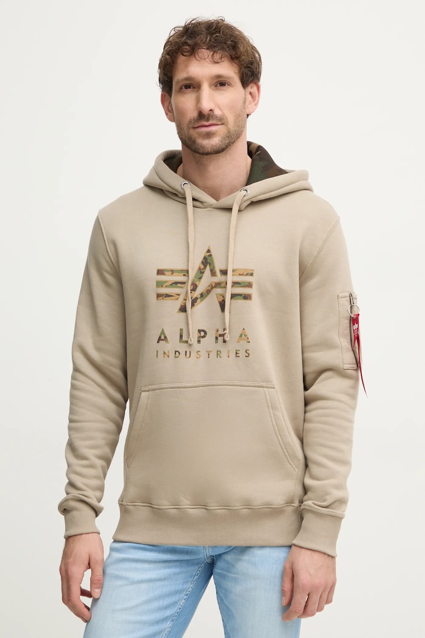 Alpha Industries bluză bărbați, culoarea bej, cu glugă, cu imprimeu, 146337 Alpha Industries bluză bărbați, culoarea bej, cu glugă, cu imprimeu, 146337