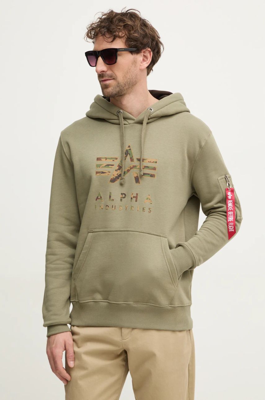 Alpha Industries bluză bărbați, culoarea verde, cu glugă, cu imprimeu, 146337