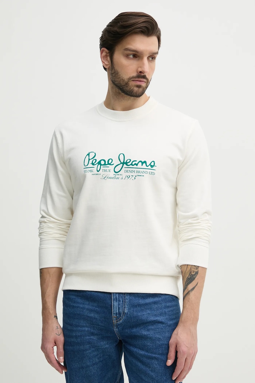 Pepe Jeans hanorac de bumbac DUMAS CREW bărbați, culoarea alb, cu imprimeu, PM582832