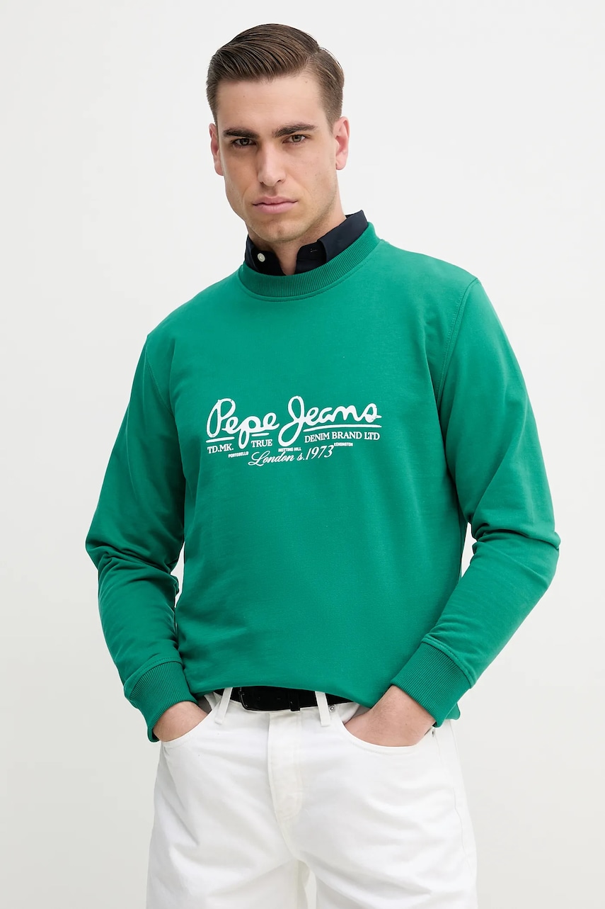 Pepe Jeans hanorac de bumbac DUMAS CREW bărbați, culoarea verde, cu imprimeu, PM582832