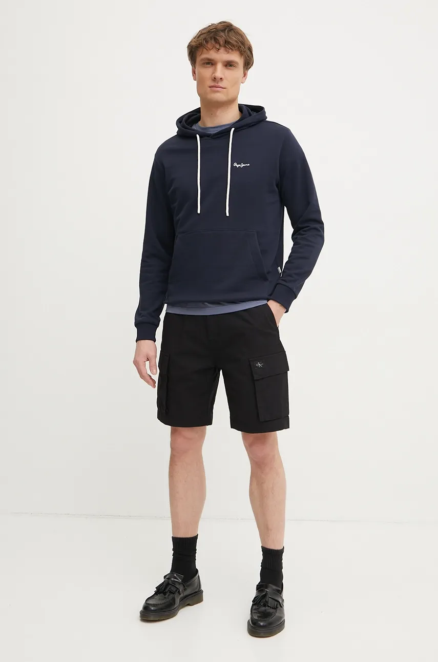 Хлопковая кофта Pepe Jeans ESSENTIAL HOODIE мужская цвет синий с капюшоном однотонная PM582839 Хлопковая кофта Pepe Jeans ESSENTIAL HOODIE мужская цвет синий с капюшоном однотонная PM582839