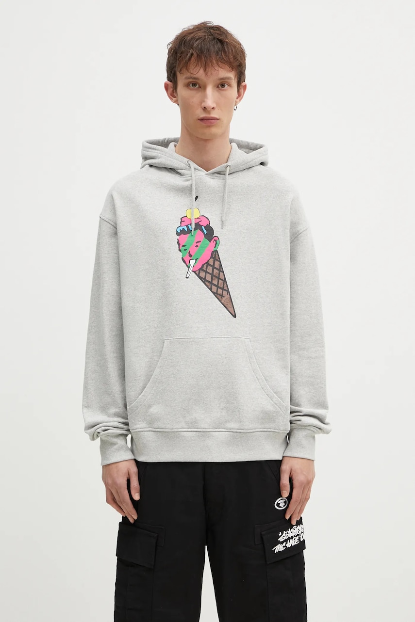 Levně Bavlněná mikina ICECREAM Cone Man Popover Hood pánská, šedá barva, s kapucí, s potiskem, IC24487