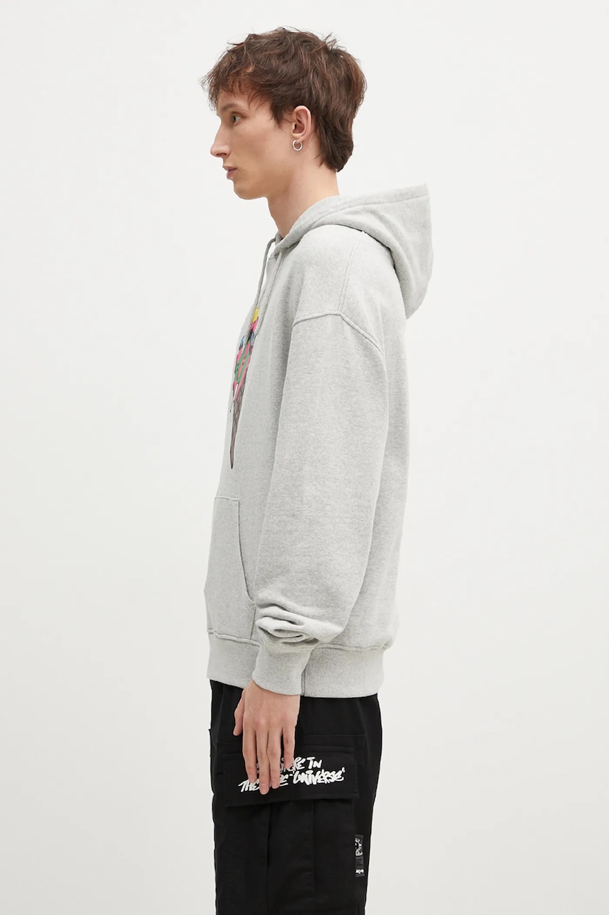 Хлопковая кофта ICECREAM Cone Man Popover Hood мужская цвет серый с капюшоном с принтом IC24487 Хлопковая кофта ICECREAM Cone Man Popover Hood мужская цвет серый с капюшоном с принтом IC24487