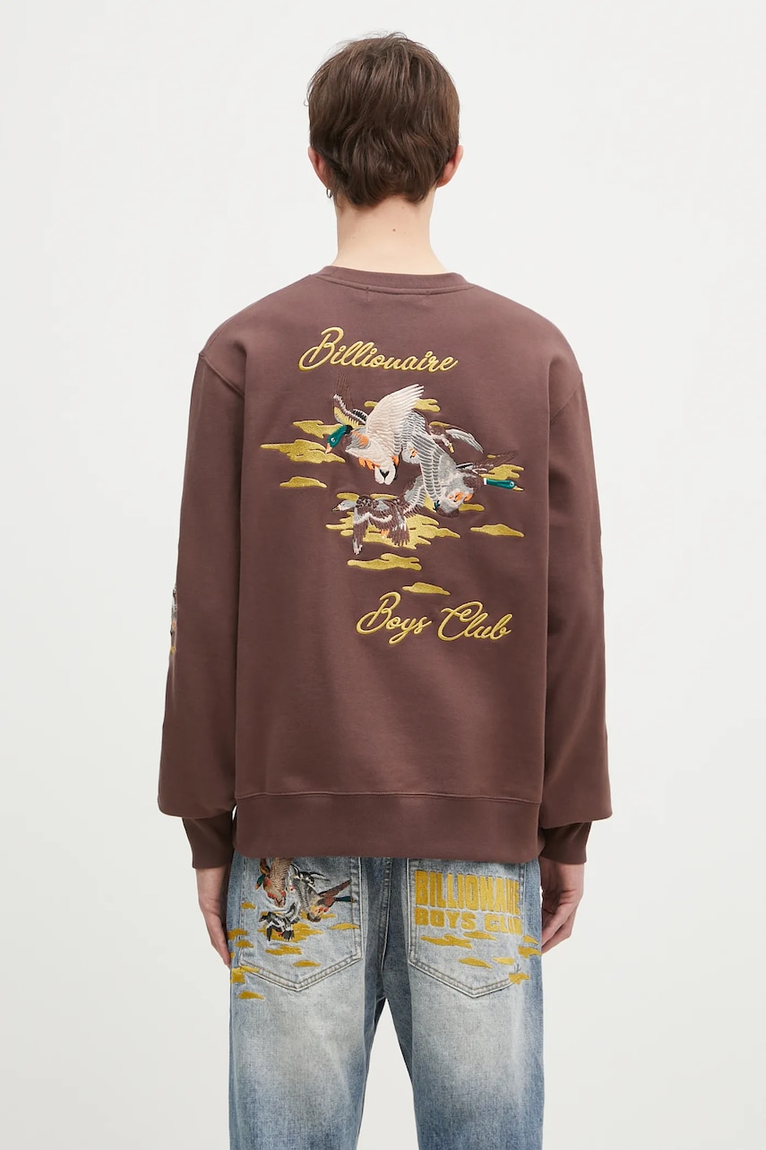 Levně Bavlněná mikina Billionaire Boys Club Duck Embroidered Crewneck pánská, hnědá barva, s aplikací, B24441